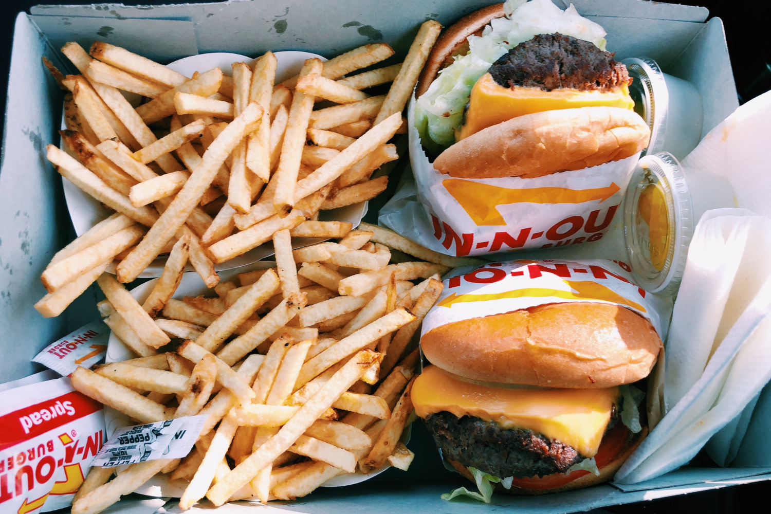 A tray filled with fries and two hamburgers; why you aren't losing weight