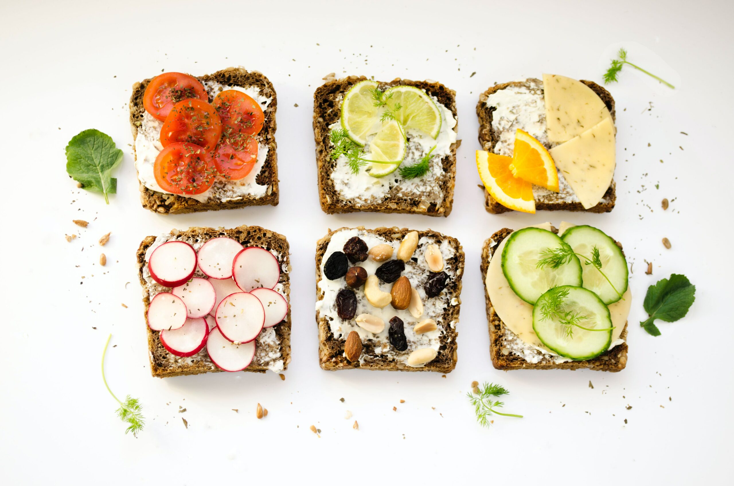 6 pieces of toast with various topping; online workshop fuelling for energy - food and nutrition in times of stress
